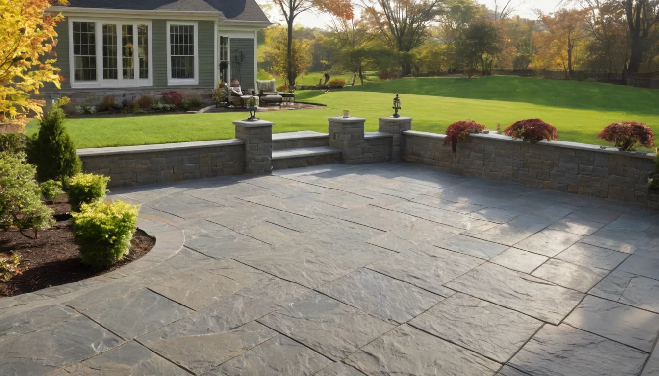 Stamped concrete patio with a slate pattern behind a colonial home in Havre de Grace
